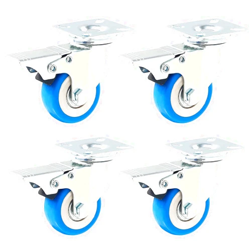 Online Best Service 4 Pack Caster Wheels Swivel Plate Stem Brake Casters On Blue Polyurethane Wheels (2 inch with Brake)