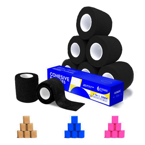 RISEN Cohesive Bandage 2” x 5 Yards, 6 Rolls, Self Adherent Wrap Medical Tape, Adhesive Flexible Breathable First Aid Gauze Ideal for Stretch Athletic