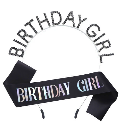 MGJSRNH Birthday Party Gift for Girls,Black Satin Silver Multicolour Iridescence Glitter Sash Decorations Supplies,Rhinestone Crowns Birthday Girl Headband for Women