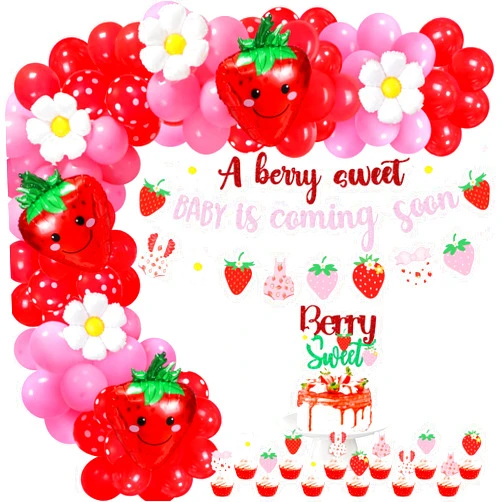 RSCPTOY Strawberry Baby Shower Balloons Garland Kit Decor, A Berry Sweet Baby is Coming Soon Strawberry Party Supplies, 18inch Strawberry & Flower Foil Balloons for Girl Berry Sweet Baby Shower Birthday Party