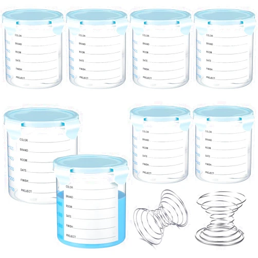 Skylety 8 Set Plastic Paint Container with Lids Airtight Paint Storage Container with Stainless Steel Mixing Ball Touch up Cups(800 ml,Blue)