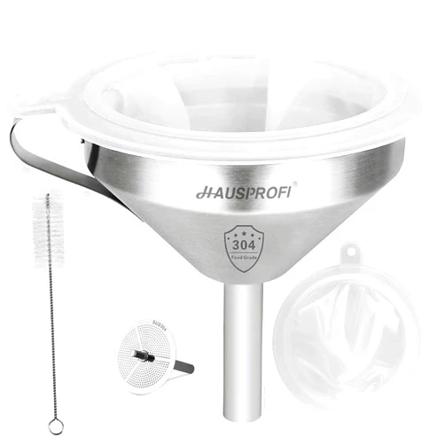 HAUSPROFI Stainless Steel Funnel, 5.1 inch 304 Stainless Steel Kitchen Funnel with 200 Mesh Food Filter Strainer for Transferring Liquids, Oil, Making Jam