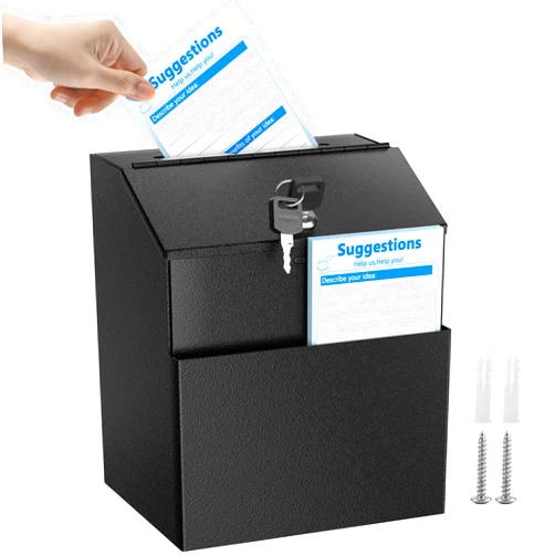 MaxGear Suggestion Box with Lock, Metal Ballot Donation Box with Slot Wall Mounted with 50 PCS Free Suggestion Cards, Safe Storage Case, 2 Keys, 8.3H x 7.3L x 5.9W Inch, Black