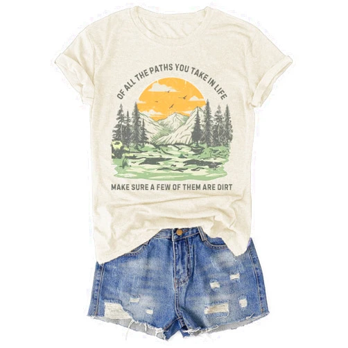 GZEMTA Hiking Shirt for Women Sun Mountain Nature Tee Funny Camping Adventure Graphic T Shirt Outdoor Hike Travel Lovers Top