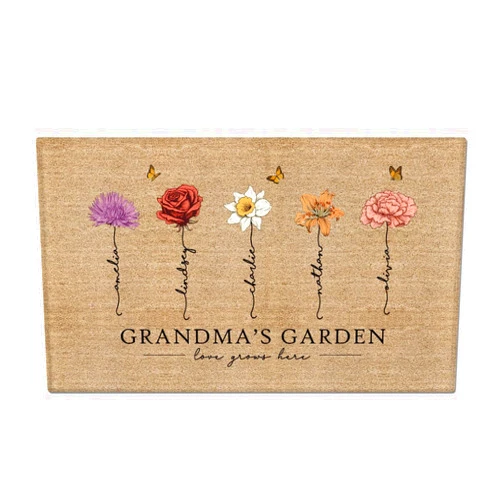 Ozonthu Grandma‘s Garden Love Grows Here Vintage Birth Flowers Swirl Name Personalized Doormat, Gift for Her, Mom, Grandma