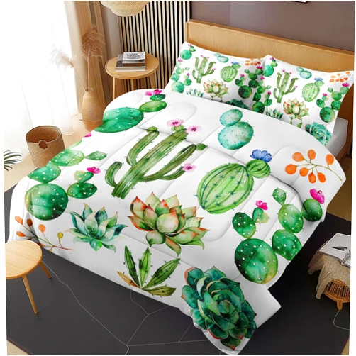 Nesphy Succulent Plants Cactus Queen Comforter Set, Flower Mexican Desert Bedding Set 3 Piece, All Season Soft Toddlers Children Adults Bedroom Bed Decoration Comforter and 2 Pillow Shams