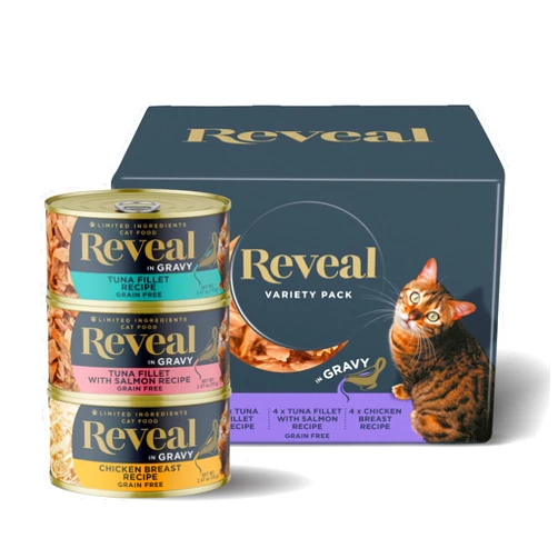 Reveal Natural Wet Cat Food, 12 Count, Grain Free, Limited Ingredient Canned Food for Cats, Fish and Chicken Variety in Gravy, 2.47 oz Cans