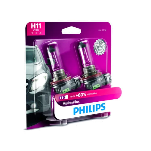 Philips Automotive Lighting H11 VisionPlus Upgrade Automotive Replacement Headlight Bulb with up to 60% More Vision, for High Beam, Low Beam, and Fog Positions (Pack of 2)