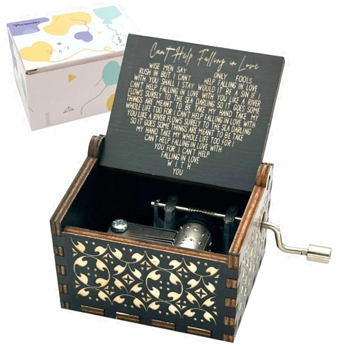 Pursuestar Can't Help Falling in Love Wood Music Box, Hand Crank Engraved Vintage Wooden Musical Box Gift for Birthday Valentine Wedding Christmas Thanksgiving Day