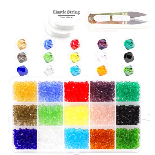 Glarks 1800Pcs 4MM Crystal Bicone Beads Set, 15 Color Bicone Shaped Crystal Glass Faceted Beads with Elastic Rope, Scissor, Needle for DIY Jewelry Making, Bracelets, Necklaces, Earrings