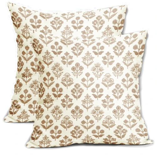 Sivirary Brown Floral Pillow Covers 18x18 Inch Set of 2, Vintage Flower Block Print Pattern Decorative Throw Pillowcases Outdoor Farmhouse Cushion Covers Spring Summer Rustic Sofa Couch Bed Decor