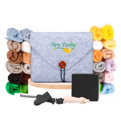 Max Kindly Needle Felting Kit Beginner | 24 Colors Needle Felt Kit Includes Instructions, Case, Felting Needles, Assorted Wool roving, and Other Felting Supplies for DIY Felted Animals