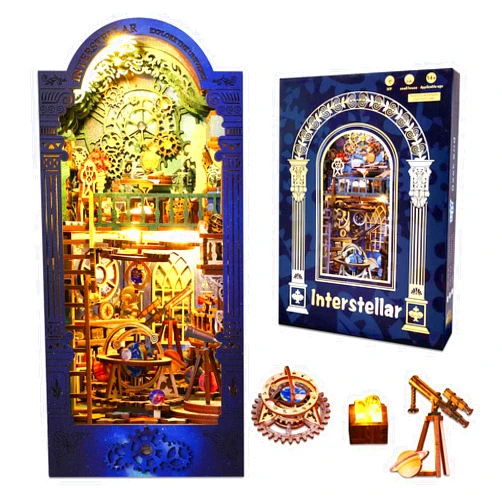 OurMiao Book Nook Kit Interstellar, DIY Booknooks Kit for Adults Teens with Sensor Lights, Bookshelf Diorama Miniature Scenes Insert Decor, 3D Wooden Puzzle Miniature House Kit Gifts