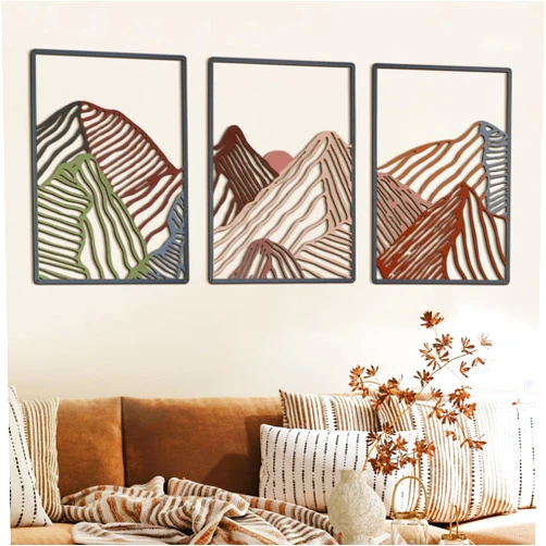 Peryiter 3 Pcs Mountain Metal Wall Art Mountain Line Wall Decor Abstract Minimalist Wall Art Rustic Nature Wall Decor for Home Bathroom Living Room (Colorful)