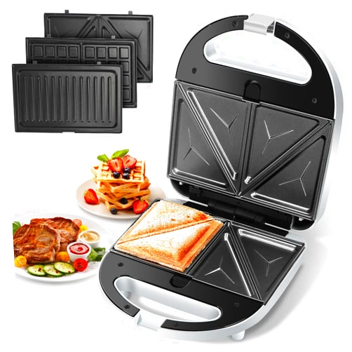 Aigostar Sandwich Maker Panini Press Grill, 3 in 1 Waffle Maker with Removable Non-stick Plates, Electric Grilled Cheese Maker, Portable Cool Touch Handle, Led Indicator Lights & Easy to Clean, 750W