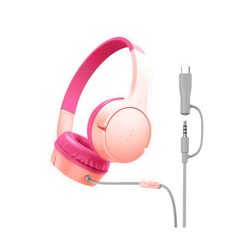 Belkin SoundForm Mini Kids Wired Headphones w/USB C to 3.5mm Dongle, Built-in Mic & Fun Stickers, 85dB Max Volume – for Online Learning, Travel, Compatible w/iPhone 16, iPad, Galaxy S25, etc - Pink