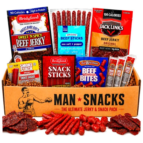 ManSnacks Jerky Gift Basket for Men | Variety of Beef Jerky, Beef Sticks, Turkey Sticks, Sausage Bites, Cheese Sticks, in a Manly Gift Box Ideal for Father's Day