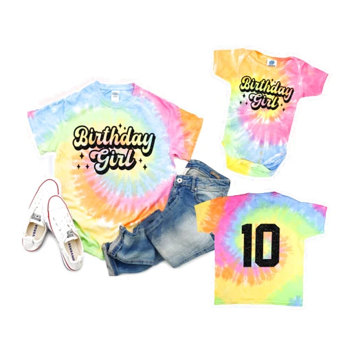 Two Dreams Retro Birthday Girl Tie Dye T-Shirt Pastel Age on Back Matching Family Mom Sister Dad Grandma Vintage Groovy (Youth Small (6-8), Custom Age (note at checkout), Neon Rainbow)