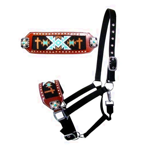 Showman Bronc Halter w/Navajo Cross Beaded Design Noseband