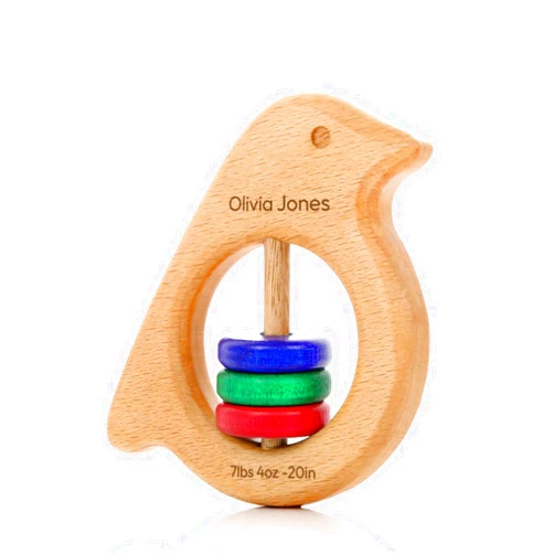Ethan Walker Personalized Wooden Baby Rattle Teether Gift with Baby Name Engraved – A Perfect Keepsake - Infant and Newborn Toys – Baby Girl or Boy Rattle and Teething Toy – Bird Primary Color