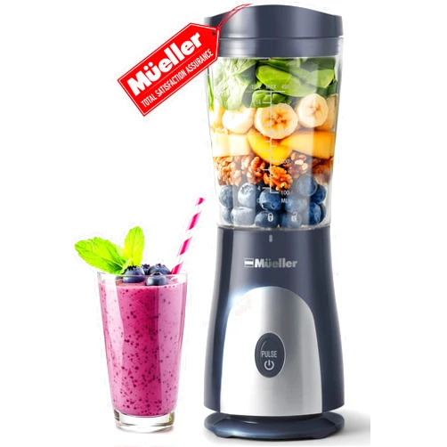 Mueller Smoothie Blender for Smoothies - Personal Blender for Shakes, Frozen Drinks, Baby Food & More, 15oz Travel Cup and Lid, Durable Stainless Steel Blades for Powerful Blending Performance