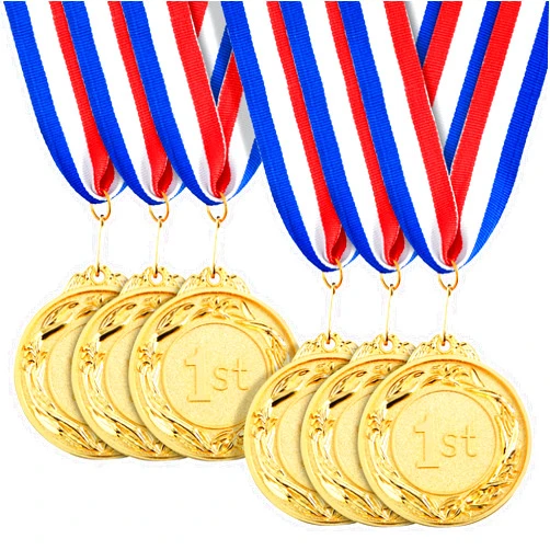 Juvale 6 Pack 1st Place Gold Medals with 16 Inch Neck Ribbon for Awards, Sports Tournaments, Soccer, Baseball (Round, Metal, 2.5 Inch Diameter)