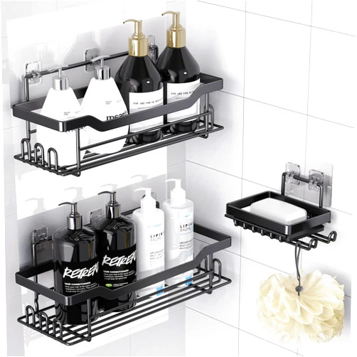 BATHDESIGN Shower Caddy Shelves Organizer Rack, 3 Pack Shower Caddy with Soap Holder, Shower Shelves for Inside Shower, No Drilling Wall Mounted Self Adhesive Shower Shelves, Matte Black