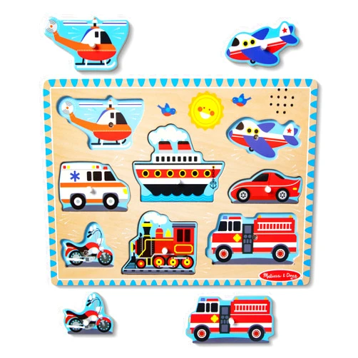Melissa & Doug Vehicles Sound Puzzle – 8-Piece Wooden Peg Puzzle with Light-Activated Sounds, Music Learning Toy for Toddlers and Preschoolers Ages 2+