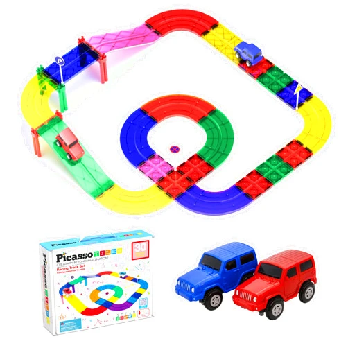 PicassoTiles Magnetic Race Track Toys Car Tracks Set for Toddlers Magnet Building Blocks Tiles Sensory Toys for Kids Include 2 Trucks STEM Engage in Thrilling Races Age 3+ Year Old Boys Girls