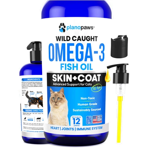 Planopaws Omega 3 Fish Oil for Cats - Better Than Salmon Oil for Cats - Kitten + Cat Vitamins and Supplements - Cat Health Supplies - Cat Dandruff Treatment - Liquid Fish Oil for Pets - Cat Shedding Products