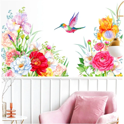 Buiory Large Removable Flowers Wall Stickers Colorful Peonies Wall Decals Peel and Stick Floral Plants Birds Wall Art Murals for Bedroom Living Room Sofa Background Decor