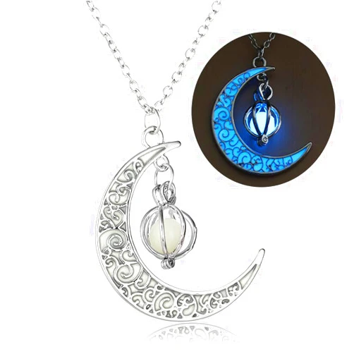 Rckcu Glow in The Dark Silver Crescent Moon and Orb Necklace - Glowing Blue Moon Charm - Magical Fantasy Fairy Glowing Necklace - Glow Jewelry (sky blue)