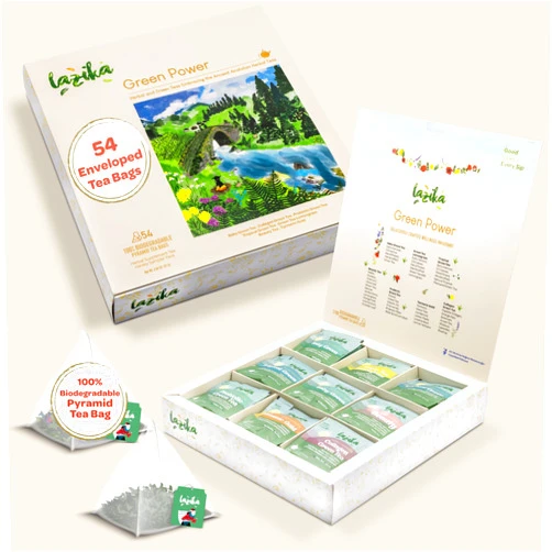 LAZİKA Lazika Green Tea Variety Pack with Lovely Presentation Box, 54 Counts, Green Tea Assortment Gift Set, Premium Collection with Pyramid Infuser Bag, Early Harvest, Handcrafted