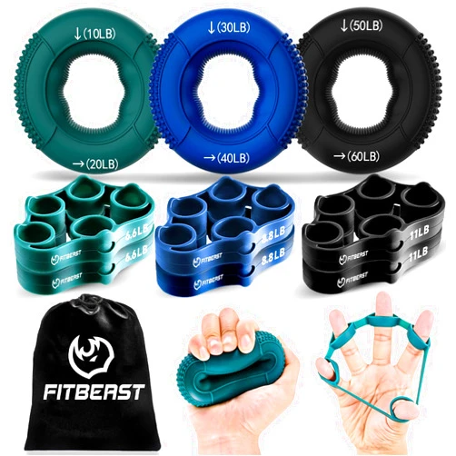 FitBeast Grip Strength Trainer, Finger Exerciser, Forearm Strengthener 9-Piece Kit, Hand Grip Strengthener Targeted Strength, Relief & Recovery