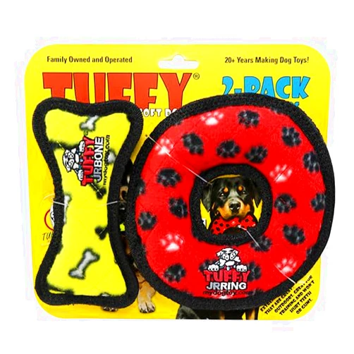 TUFFY - World's Tuffest Soft Dog Toy- Jr Bone Yellow & Red Ring- 2 Pack. Squeakers-Multiple Layers.Made Durable, Strong & Tough.Interactive Play(Tug, Toss & Fetch).Machine Washable & Floats