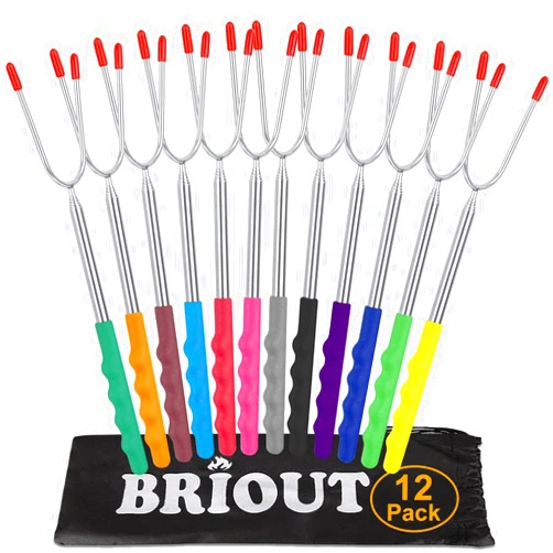 Briout Marshmallow Roasting Sticks 12 Colors Extra Long 45'' Stainless Telescoping Hot Dog Smores Skewers Kids Safe Barbecue Forks for Campfire, Bonfire and Grill(12 Count)