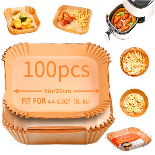 Tikxlafe Air Fryer Liners Disposable,100PCS Food Grade Parchment Liners,Oil and Water Resistant Non-Stick Air fryer Parchment Paper,Liners For Air Fryer Basket ,Air Fryer Liners Rectangle Free of Bleach(8*5in)