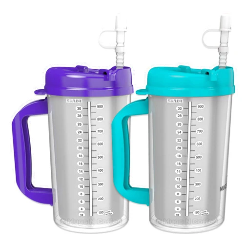 Mugs N Coffee 32 oz Travel Mugs – Purple and Teal Hospital Mugs for Cold Drinks – Double Wall, Large Handle – BPA-Free, Leak-Resistant – Includes Lids and Straws – Made in USA