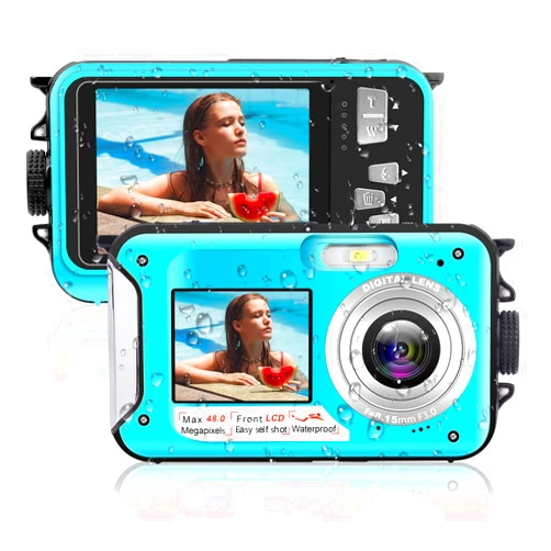 Kaisoon Tech Underwater Camera 10FT Waterproof Digital Camera 2.7K 48MP Full HD Dual Screen Waterproof Camera Video Recorder Underwater Camera for Snorkeling (Blue)