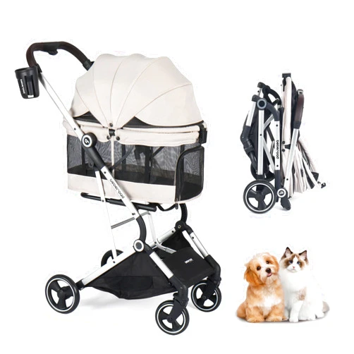BEBEROAD PETS T4 PRO Pet Stroller Dog Cat Stroller for Small Medium Dogs Cats, 4 Wheels Travel Folding Carrier Waterproof Puppy Stroller with Pad, Canopy and Cup Holder,Beige & Net Wall