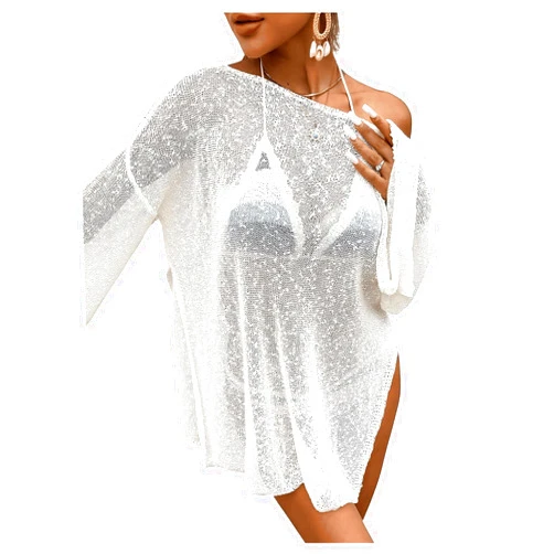 MakeMeChic Women's Sheer Bell Sleeve Cover Ups Split Knit Summer Swimsuits Coverup