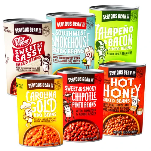 SERIOUS BEAN CO. SERIOUS Bean Co Ultimate Variety 6-Pack Fully Cooked and Ready to Serve Canned Beans: Hot Honey Baked Beans, Southwest Smokehouse Black Beans, Jalapeno & Bacon Pinto Beans, Sweet and a bit Sassy Dr Pepper Baked Beans, Carolina Gold BBQ Beans, and Sweet & Smoky Chipotle Pinto Beans