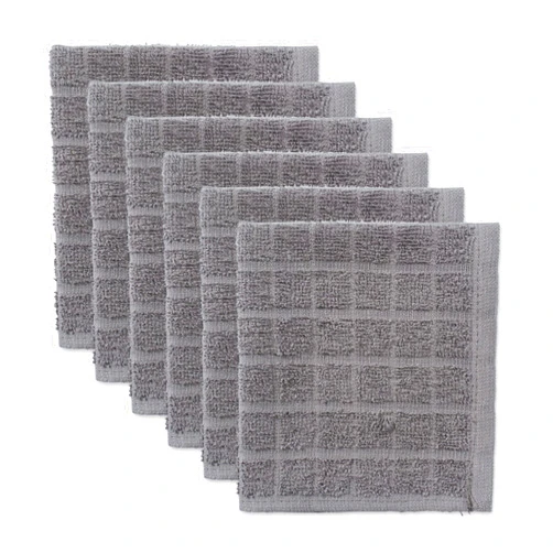 DII Basic Terry Collection Solid Windowpane Dishcloth Set, 12x12, Gray, 6 Piece
