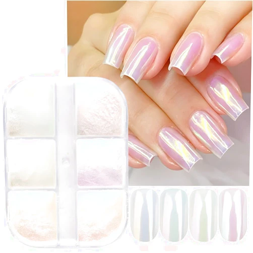 Furimuk 6 Colors Chrome Nail Powder Metallic Mirror Effect Aurora Magic White Pearl Chrome Nails Powder for Nail Art Gel Polish, Mica Powder Iridescent Nail Powder Manicure Pigment