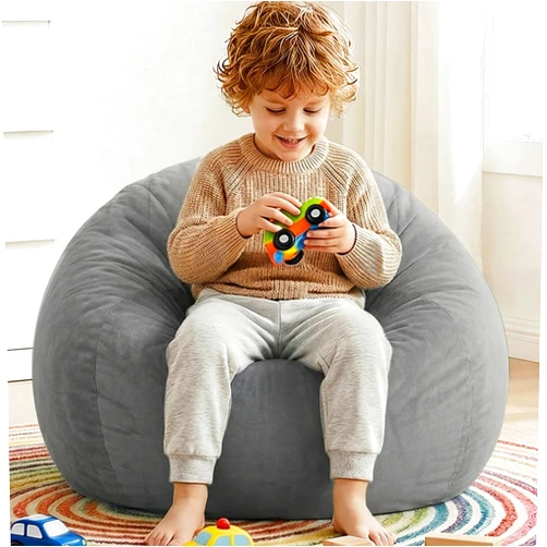 AZHCHKE Stuffed Animal Storage Bean Bag Chair Cover for Kids (No Filler), Soft Comfy Velvet Beanbag Chair Cover Machine Washable, Kids Bean Bag Chair with Handle for Living Room Bedroom Dorm,Dark Gray