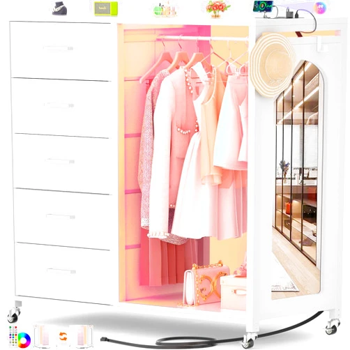 Girapow Dresser for Bedroom with Hanging Rack & Mirror, Full-Length Mirror, White 5 Drawers Dressers with Power Outlets & LED Lights, 3-1 Storage Unit Dressers with Wheels, Wooden Top, Closet, White