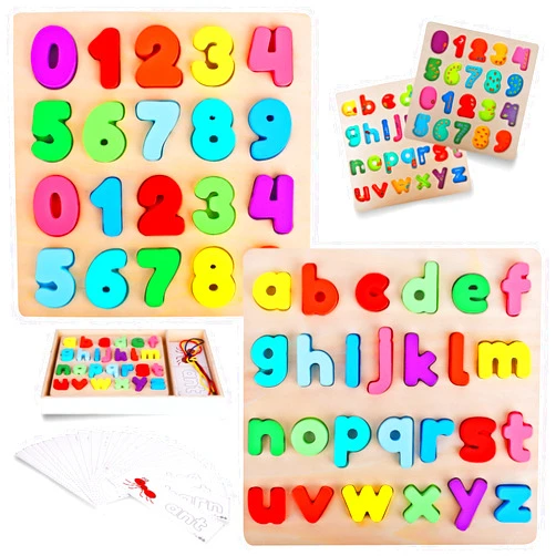 Asher and Olivia Wooden Alphabet Puzzle & Number Puzzle and Flash Cards Set - Includes Box, Lacing Beads and Threads