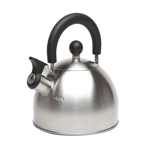 Primula Stewart Whistling Stovetop Tea Kettle Food Grade Stainless Steel, Hot Water Fast to Boil, Cool Touch Folding, 1.5-Quart, Brushed with Black Handle