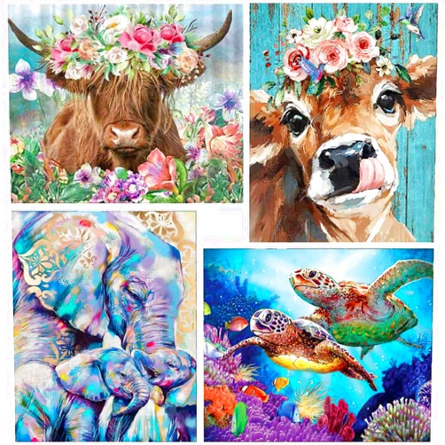 WUSARPLY 4 Pack 5D Diamond Paintings Kits for Adults, Animal Diamond Art Kits Cow Full Drill Diamond Dots Paint with Diamonds Elephant Sea Turtle Pictures Arts and Crafts for Adults Beginner Kids
