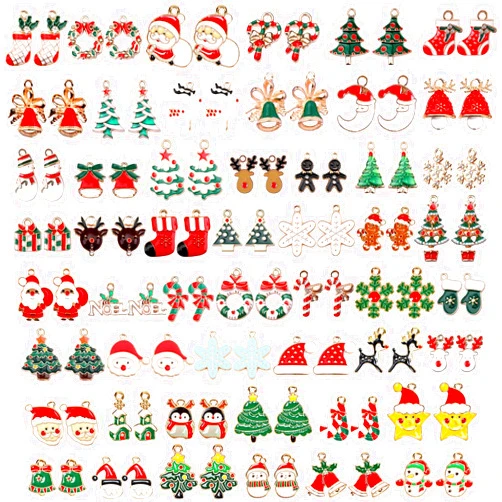 SANNIX 110Pcs 55 Pairs Christmas Charms Gold Enamel Jewelry Pendants for Xmas Earring Bracelet Necklace Craft Making